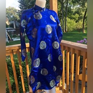 1990s Asian blue & gold silk midi dress M